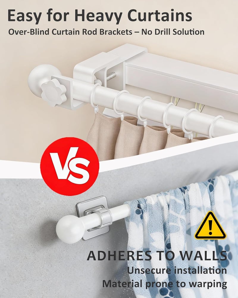 Mimiio Over Blinds Curtain Rod Brackets for Outside Mounted, No-Drill Blinds Curtain Rod Holders for 1.3-2" Rectangular Headrails, Tool-Free & No Wall Damage, Apartment & Renter Friendly (Set of 2, White) - Image 4